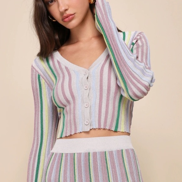 Lulus NWT Eye-Catching Trend Taupe Multi Striped Ribbed Cardigan Top - Picture 2 of 14